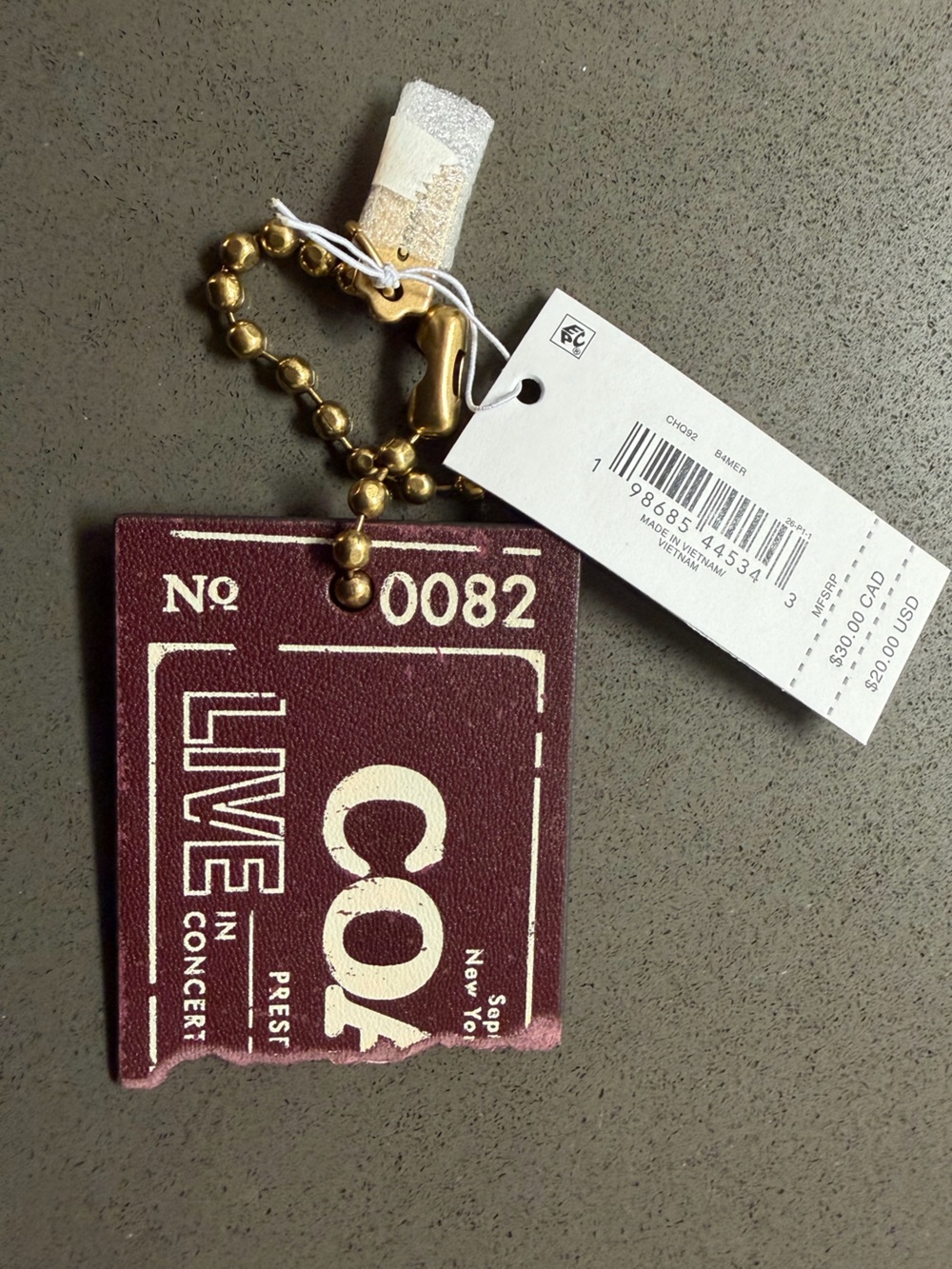 COACH Live in Concert - Ticket Bag Charm in Merlot w/ Brass Chain